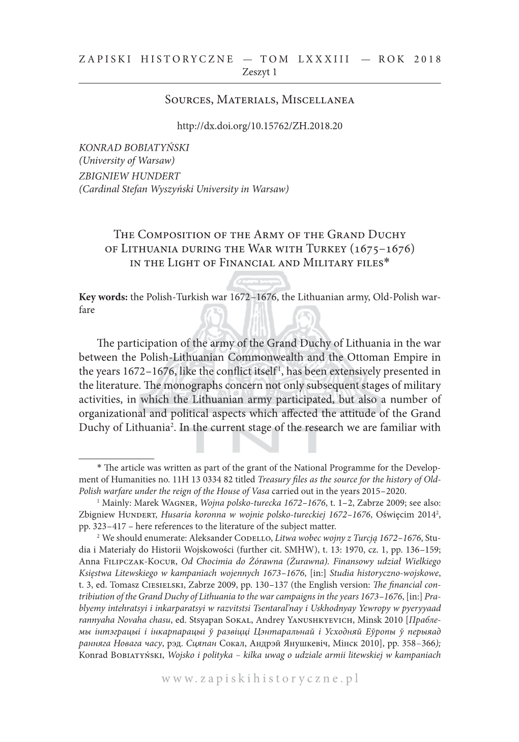 The Composition of the Army of the Grand Duchy of Lithuania During the War with Turkey (1675–1676) in the Light of Financial and Military Files*