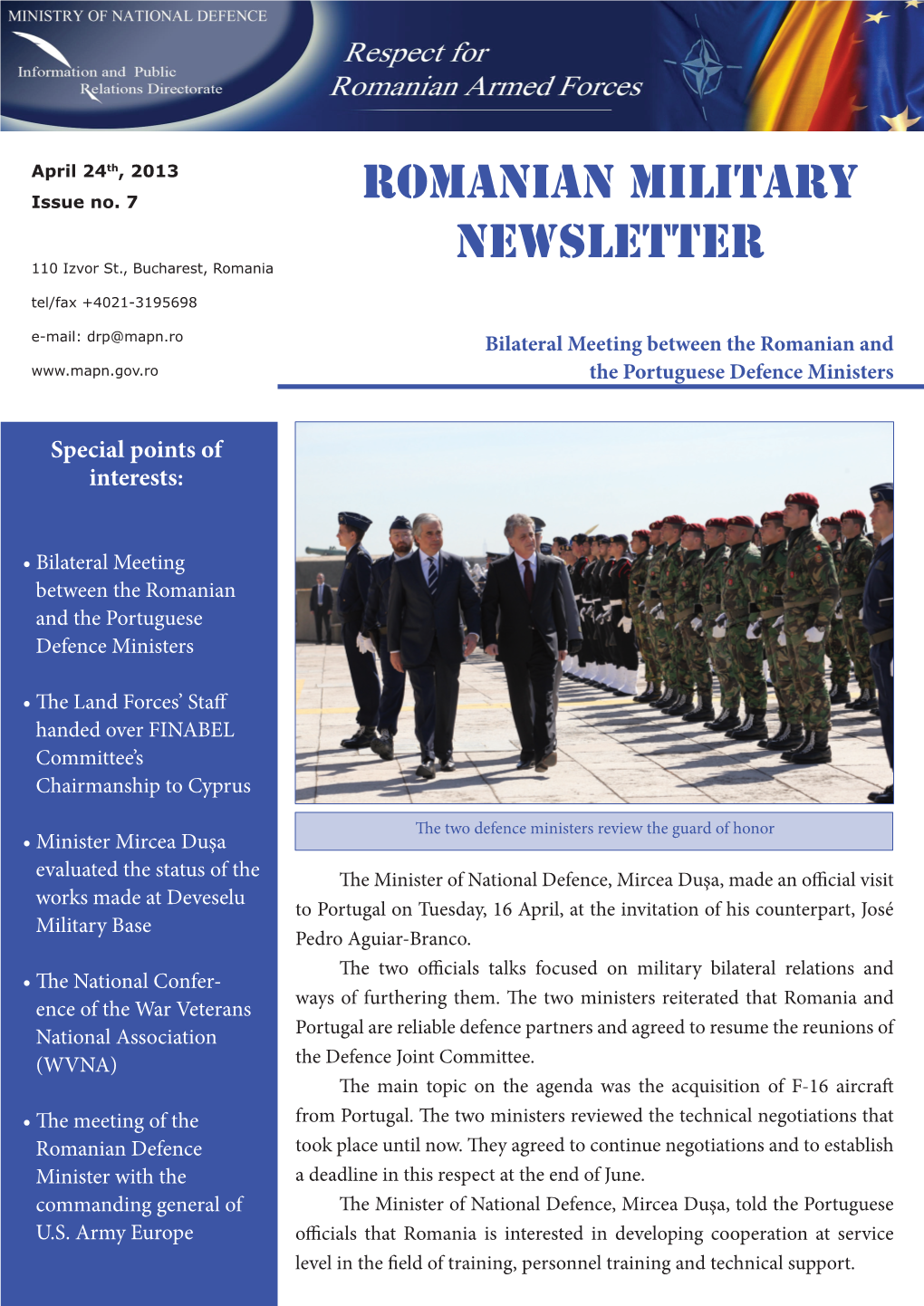 ROMANIAN MILITARY NEWSLETTER 110 Izvor St., Bucharest, Romania