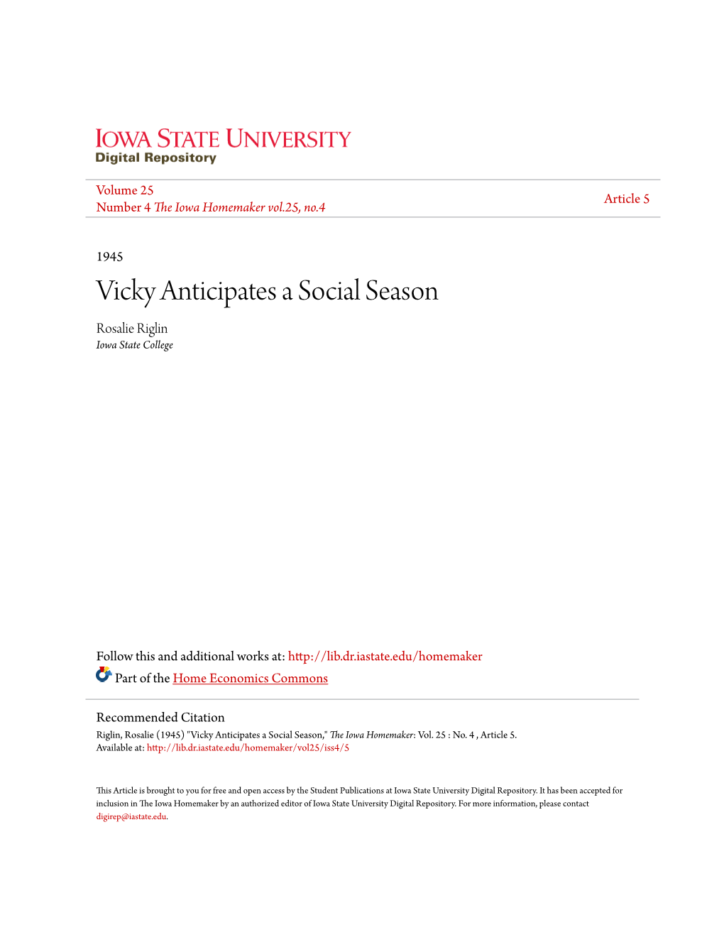 Vicky Anticipates a Social Season Rosalie Riglin Iowa State College