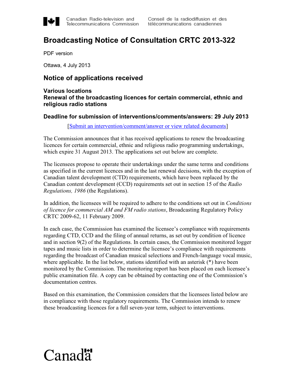 Broadcasting Notice of Consultation CRTC 2013-322