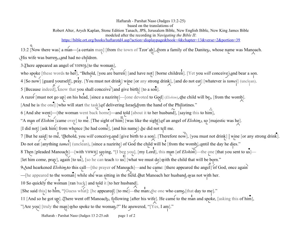 Parashat Naso Haftarah Reading (Judges 13V2-25) in English Transtropilation (Len Fellman 2020)