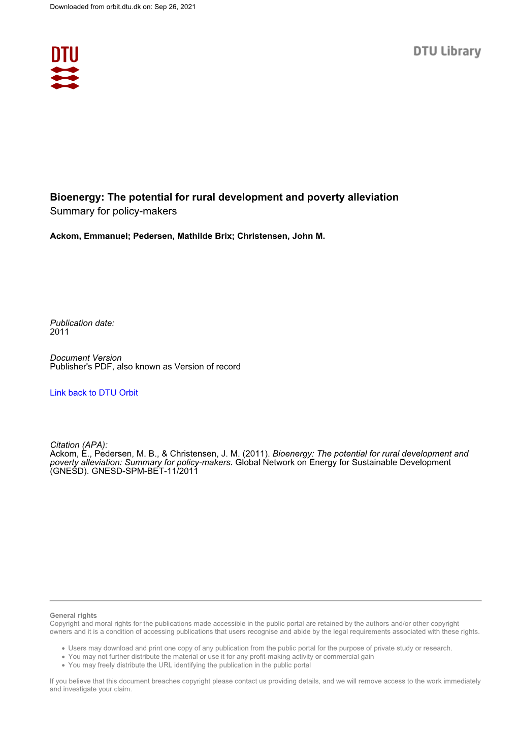 Bioenergy: the Potential for Rural Development and Poverty Alleviation Summary for Policy-Makers