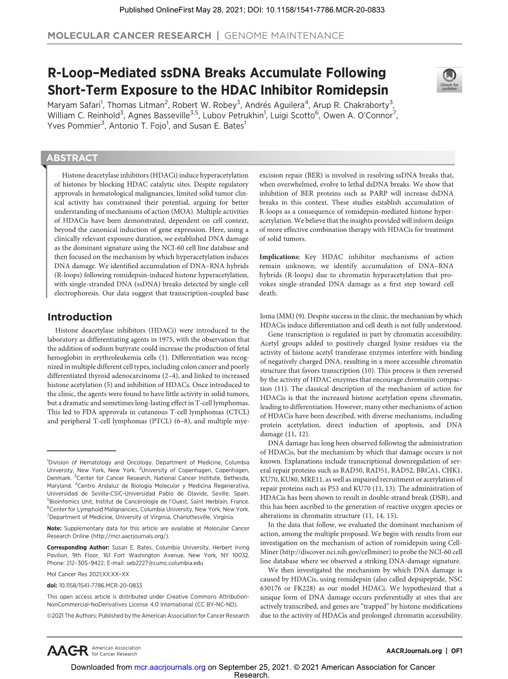 R-Loop–Mediated Ssdna Breaks Accumulate Following Short-Term Exposure to the HDAC Inhibitor Romidepsin Maryam Safari1, Thomas Litman2, Robert W