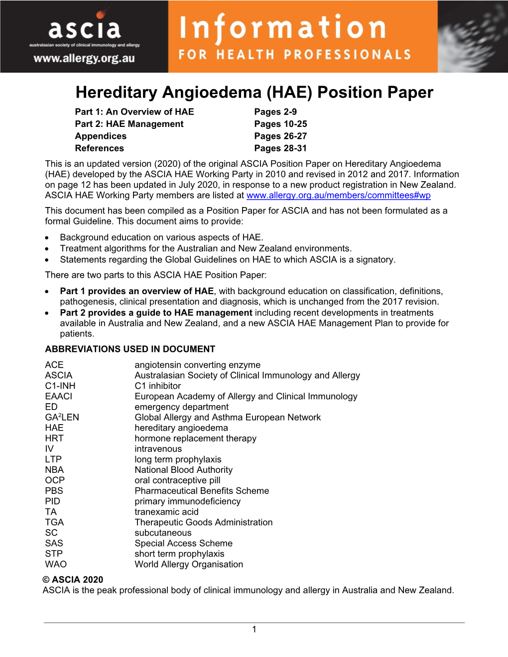 Hereditary Angioedema (HAE) Position Paper