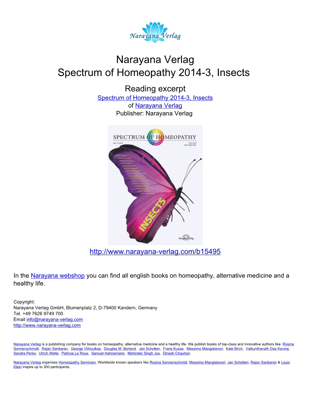 Narayana Verlag Spectrum of Homeopathy 2014-3, Insects Reading Excerpt Spectrum of Homeopathy 2014-3, Insects of Narayana Verlag Publisher: Narayana Verlag