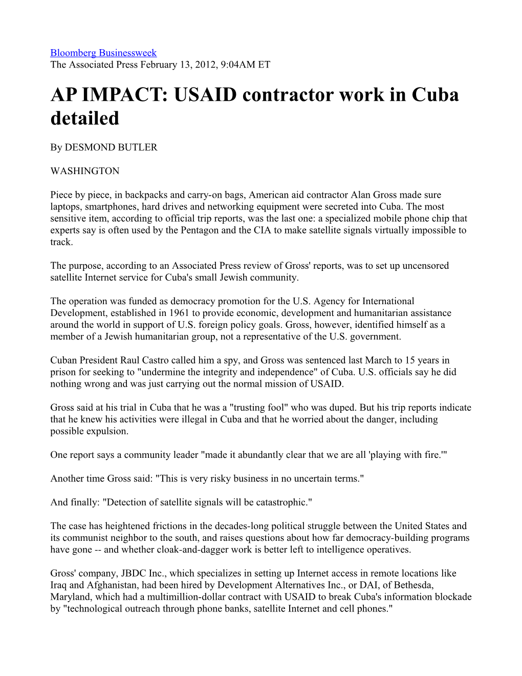 AP IMPACT: USAID Contractor Work in Cuba Detailed