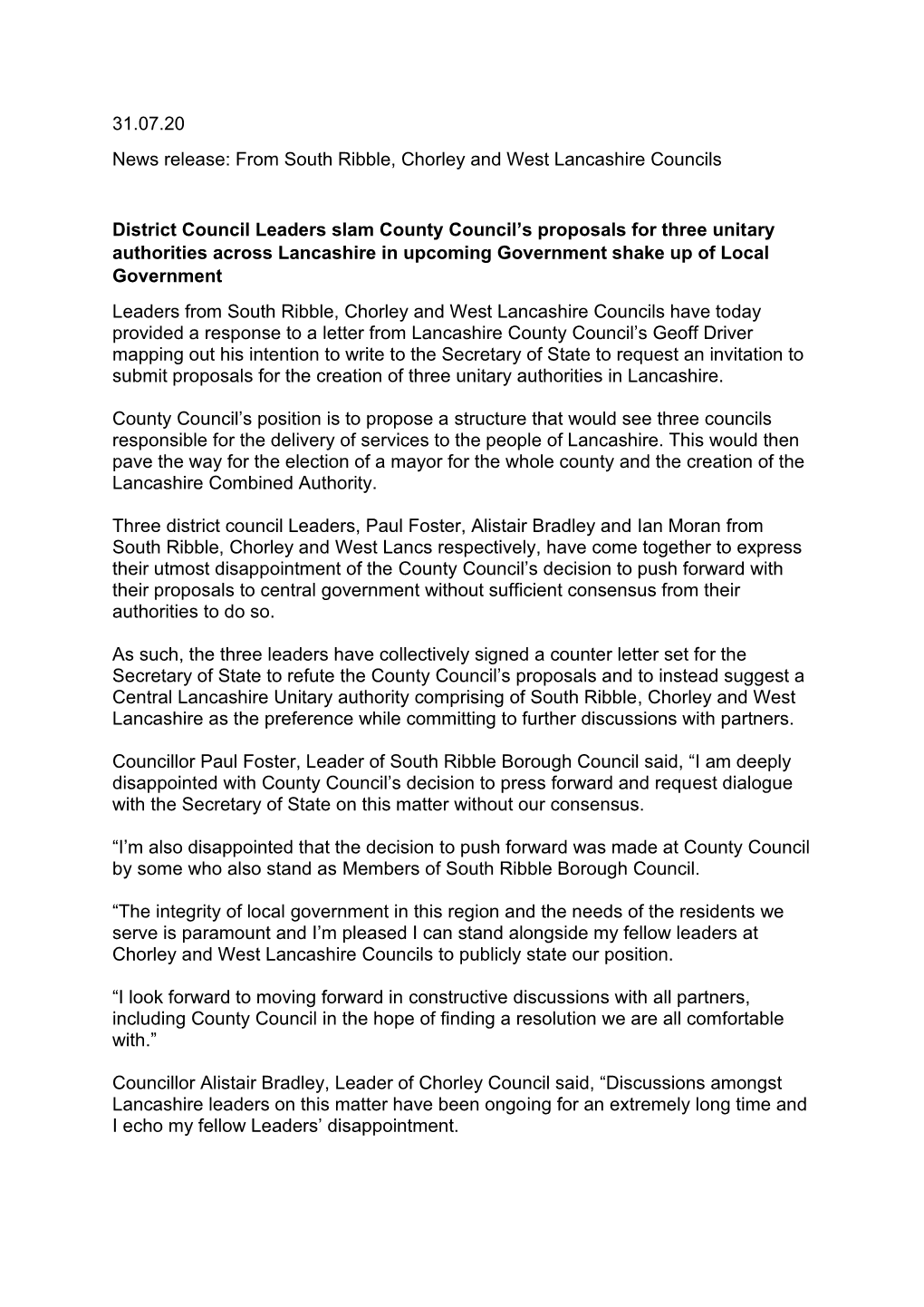 31.07.20 News Release: from South Ribble, Chorley and West Lancashire Councils District Council Leaders Slam County Council's