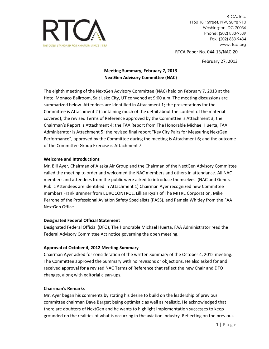 1 | Page RTCA Paper No. 044-13/NAC-20 February 27, 2013