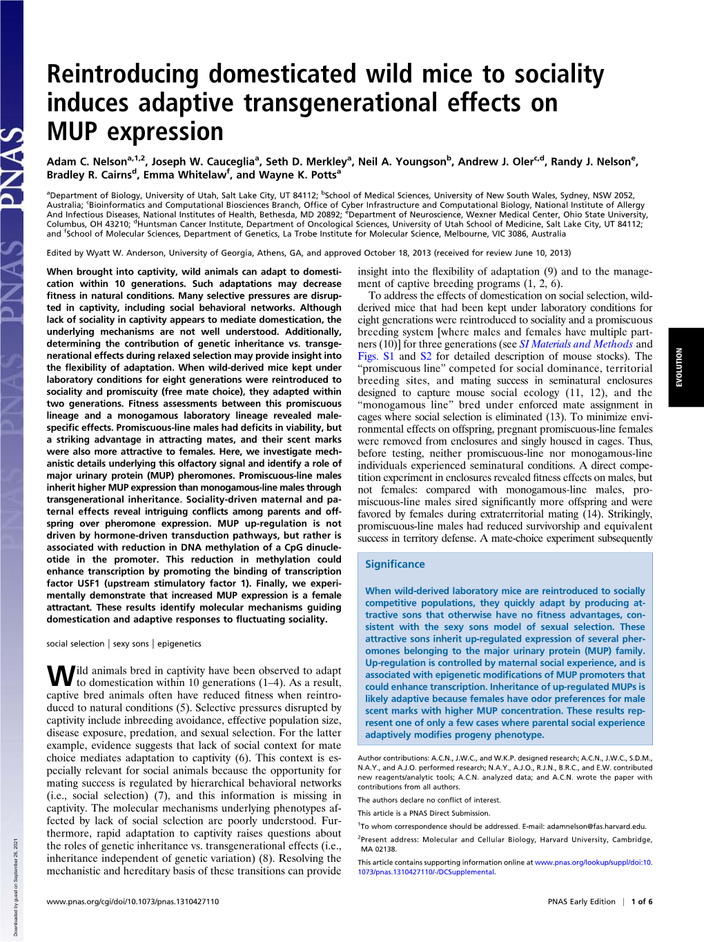 Reintroducing Domesticated Wild Mice to Sociality Induces Adaptive Transgenerational Effects on MUP Expression