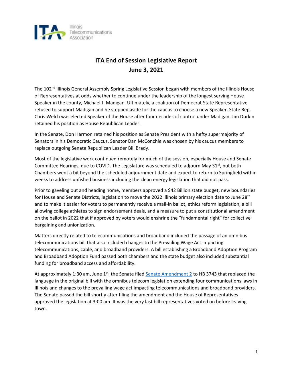 ITA End of Session Legislative Report June 3, 2021