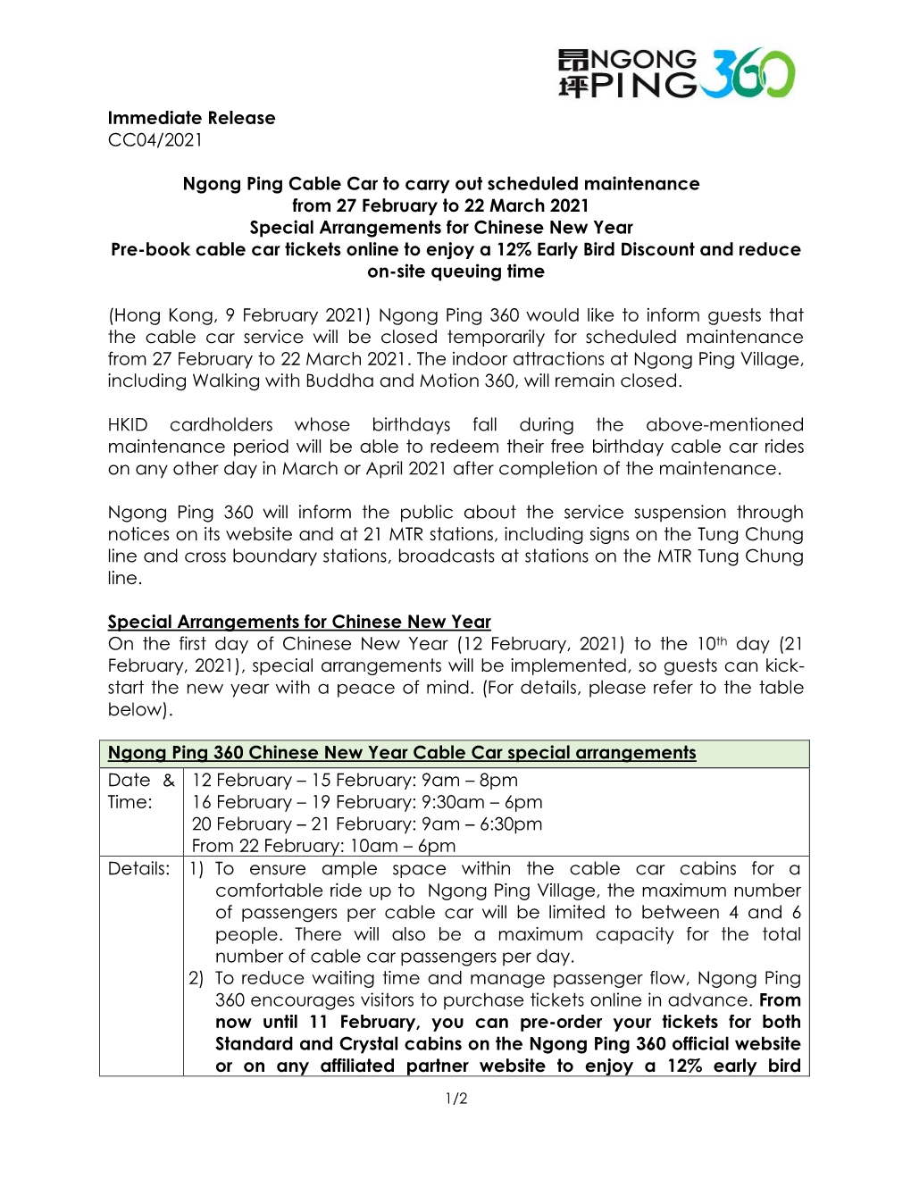 Immediate Release CC04/2021 Ngong Ping Cable Car to Carry out Scheduled Maintenance from 27 February to 22 March 2021 Special A