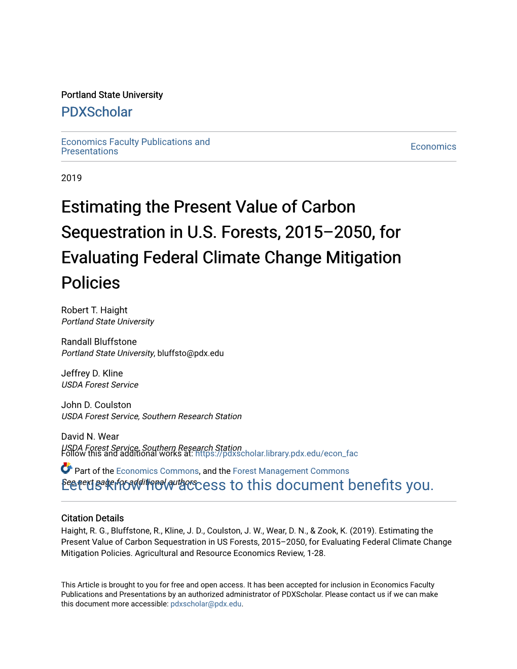 Estimating the Present Value of Carbon Sequestration in U.S. Forests, 2015–2050, for Evaluating Federal Climate Change Mitigation Policies