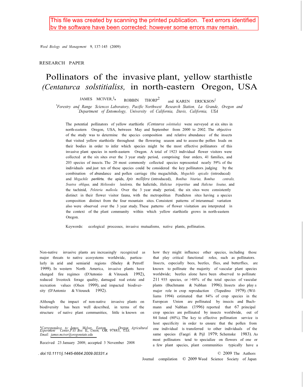 Pollinators of the Invasiveplant, Yellow Starthistle