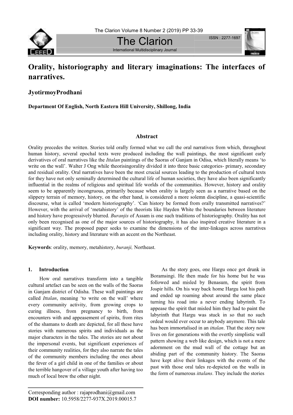 Orality, Historiography and Literary Imaginations: the Interfaces of Narratives