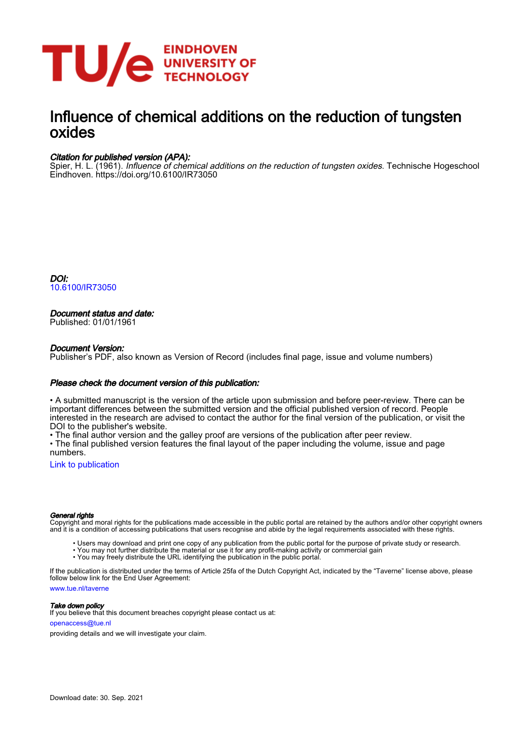 Influence of Chemical Additions on the Reduction of Tungsten Oxides