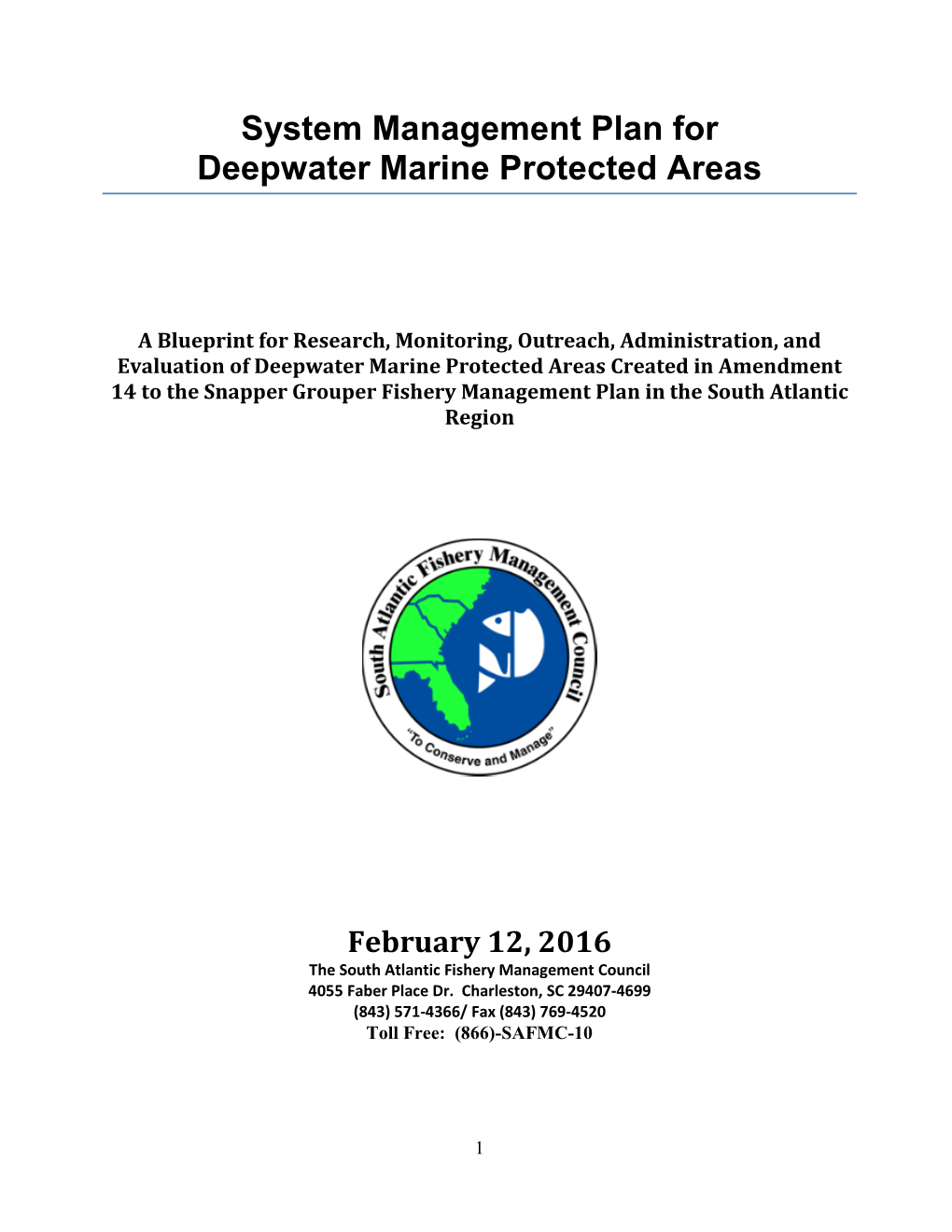 System Management Plan for Deepwater Marine Protected Areas