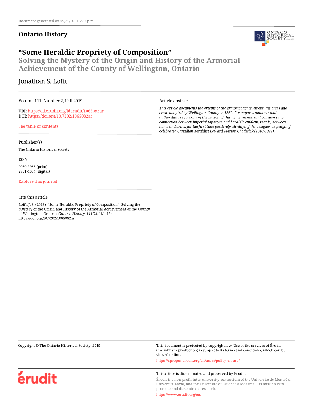 “Some Heraldic Propriety of Composition”: Solving the Mystery of the Origin and History of the Armorial Achievement of the County of Wellington, Ontario