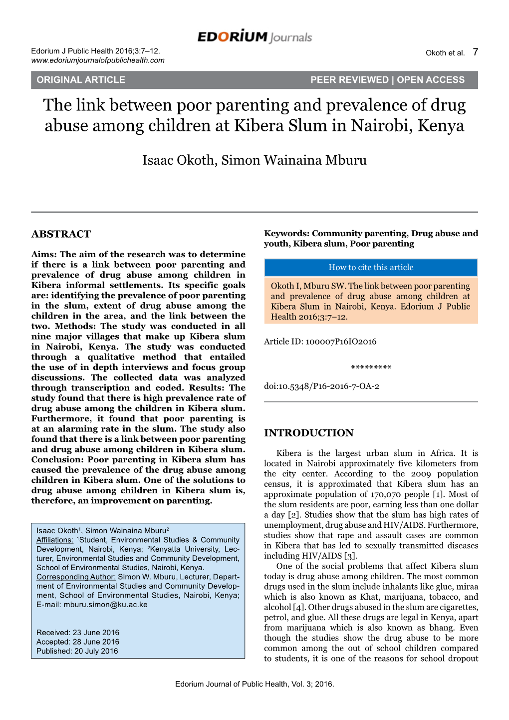The Link Between Poor Parenting and Prevalence of Drug Abuse Among Children at Kibera Slum in Nairobi, Kenya