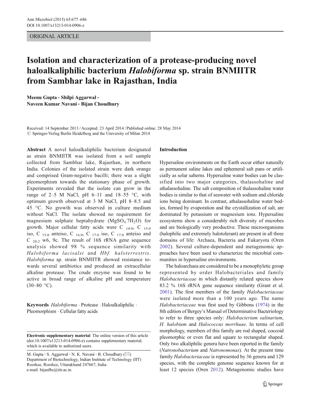 Isolation and Characterization of a Protease-Producing Novel Haloalkaliphilic Bacterium Halobiforma Sp. Strain BNMIITR from Sambhar Lake in Rajasthan, India