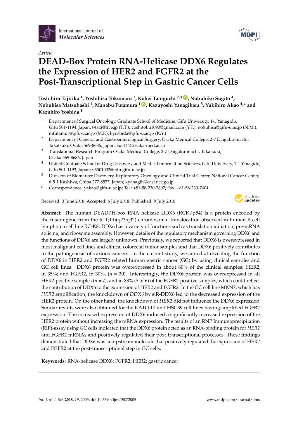 DEAD-Box Protein RNA-Helicase DDX6 Regulates the Expression of HER2 and FGFR2 at the Post-Transcriptional Step in Gastric Cancer Cells