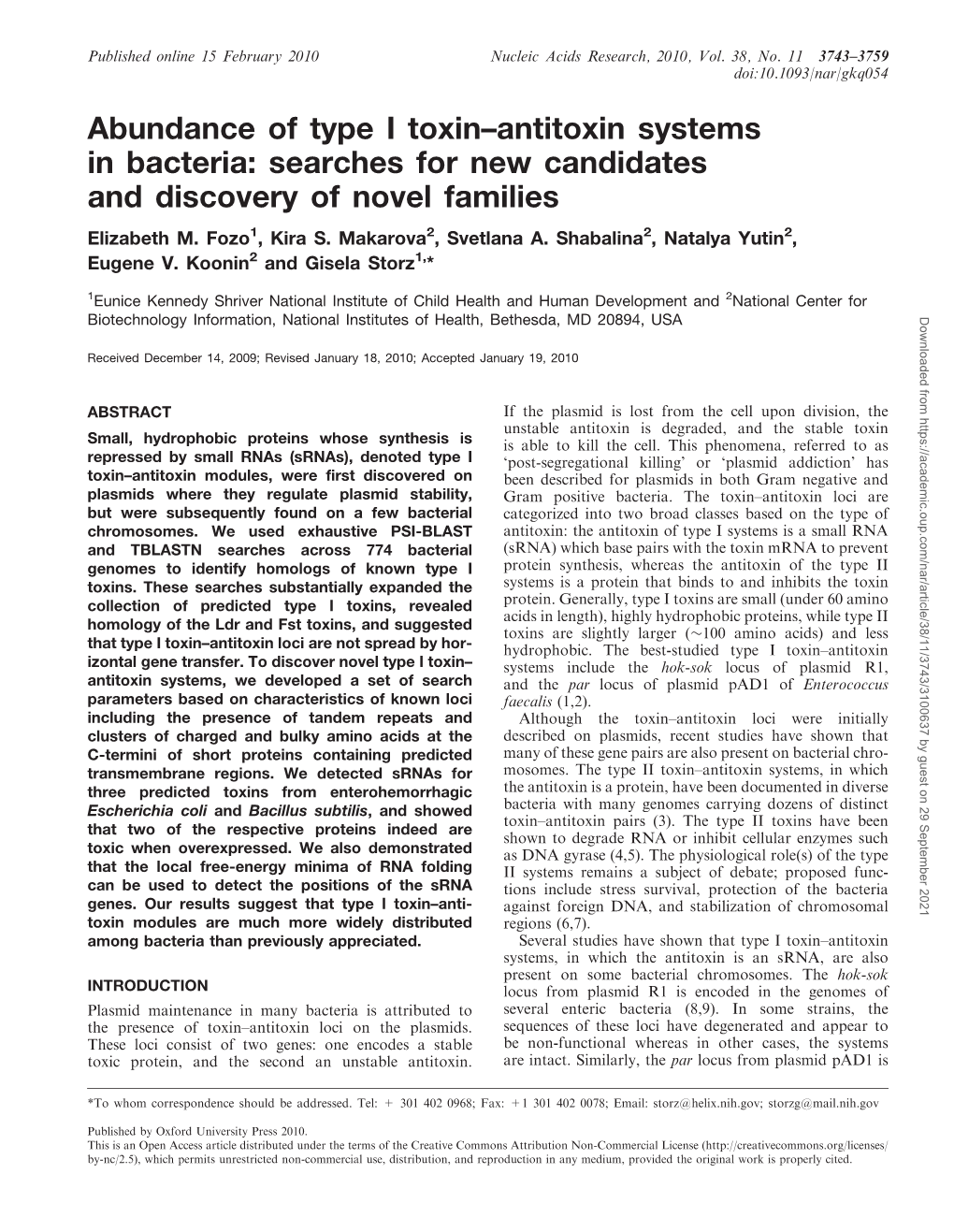 Abundance of Type I Toxin–Antitoxin Systems in Bacteria: Searches for New Candidates and Discovery of Novel Families Elizabeth M