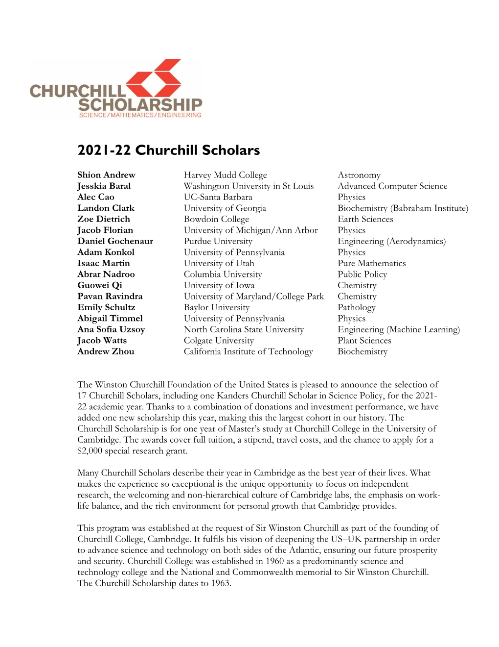 2021-22 Churchill Scholars