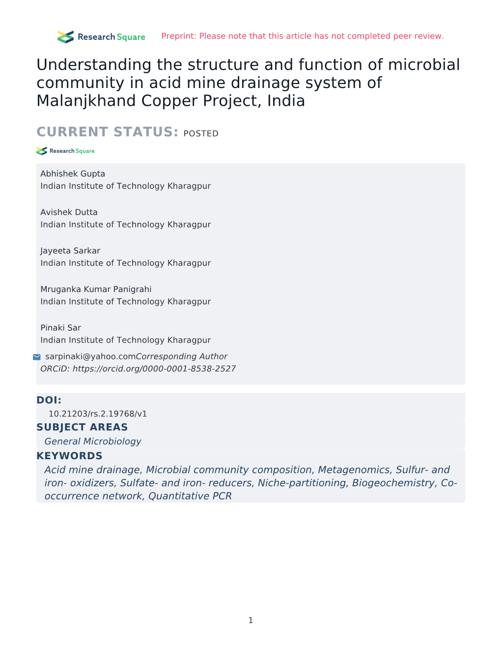 Understanding the Structure and Function of Microbial Community in Acid Mine Drainage System of Malanjkhand Copper Project, India