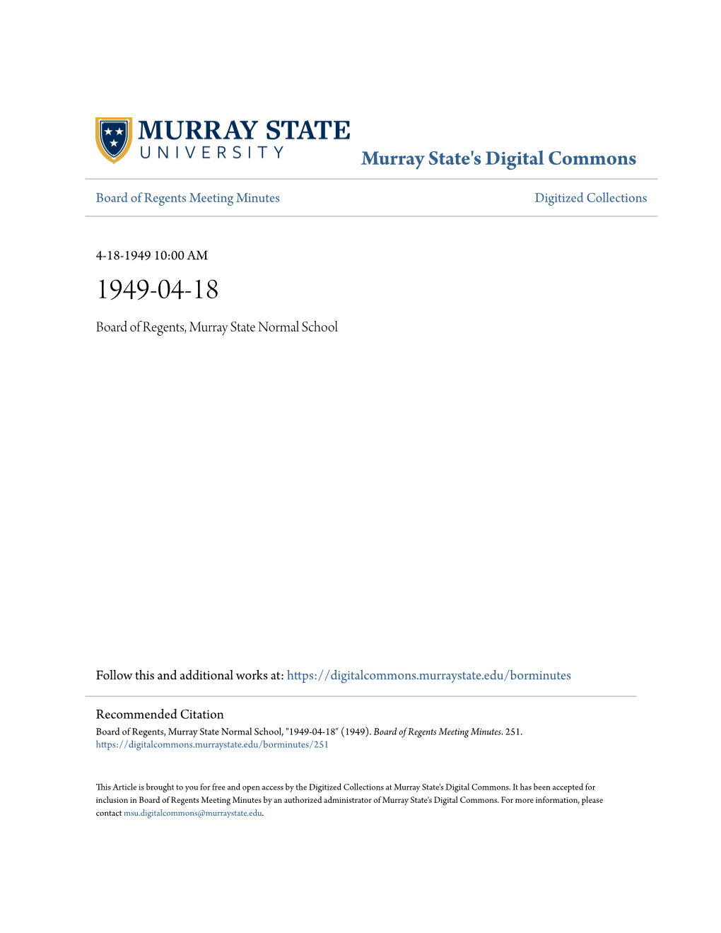 AGENDA for MEETING of Trle BOARD of REGENTS MURRAY STATE COLLEGE