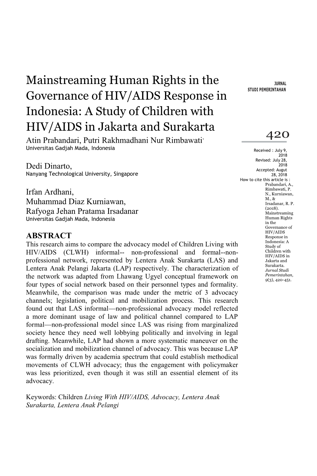 Mainstreaming Human Rights in the JURNAL STUDI PEMERINTAHAN Governance of HIV/AIDS Response In