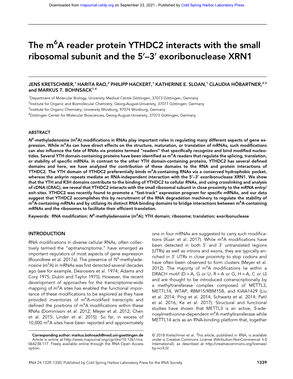 The M6a Reader Protein YTHDC2 Interacts with the Small Ribosomal Subunit and the 5′′′′′–3′′′′′ Exoribonuclease XRN1