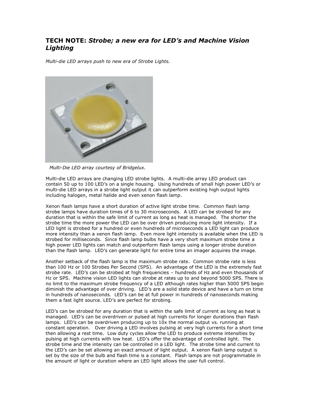 TECH NOTE: Strobe; a New Era for LED's and Machine Vision Lighting