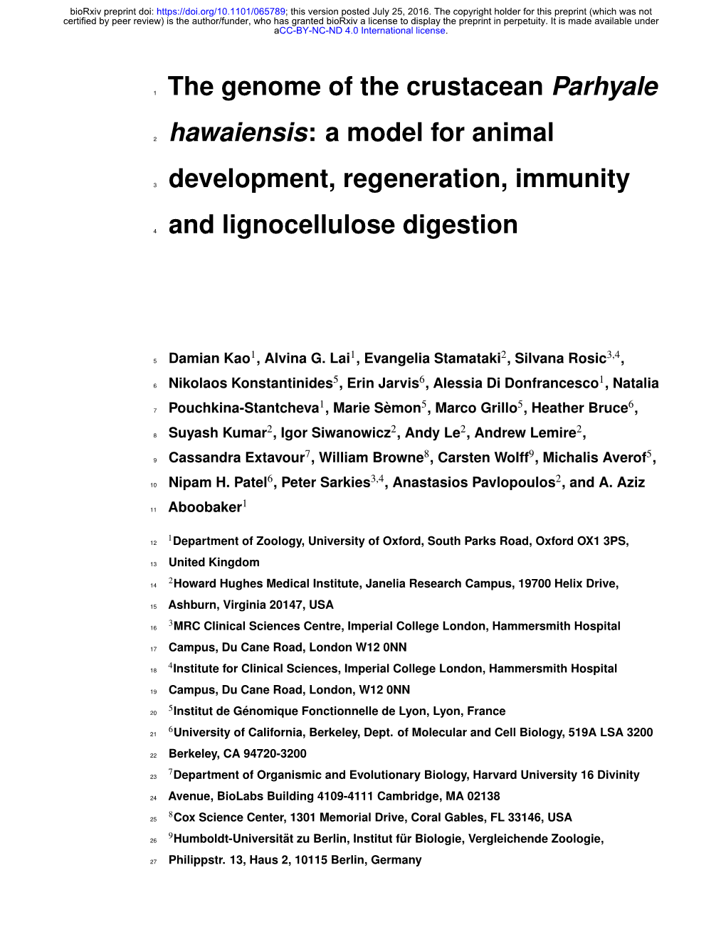 The Genome of the Crustacean Parhyale Hawaiensis: a Model for Animal Development, Regeneration, Immunity and Lignocellulose Dige