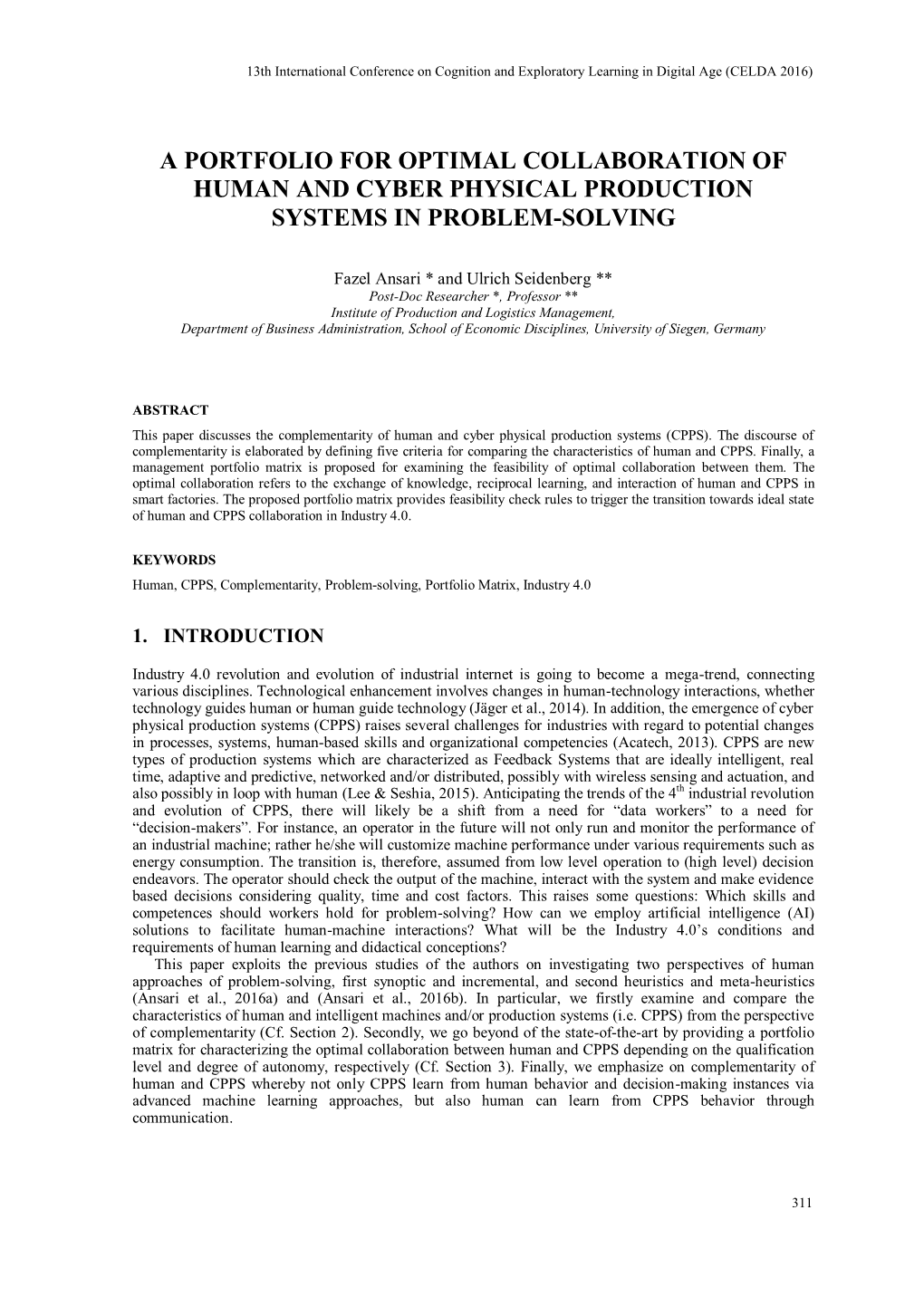A Portfolio for Optimal Collaboration of Human and Cyber Physical Production Systems in Problem-Solving