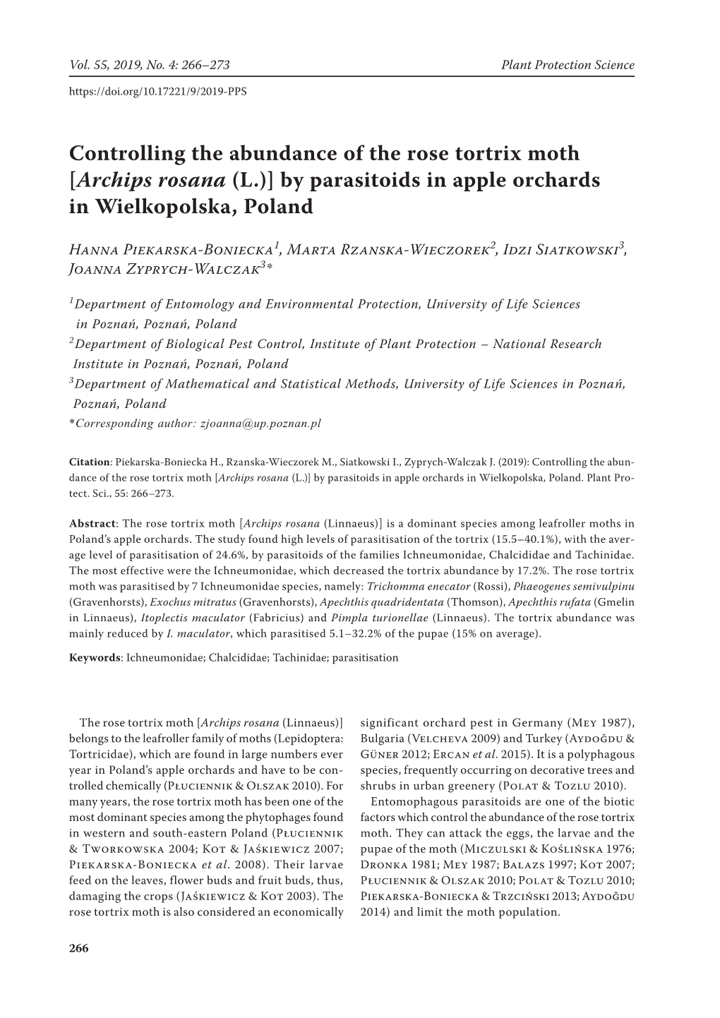 Controlling the Abundance of the Rose Tortrix Moth [Archips Rosana (L.)] by Parasitoids in Apple Orchards in Wielkopolska, Poland