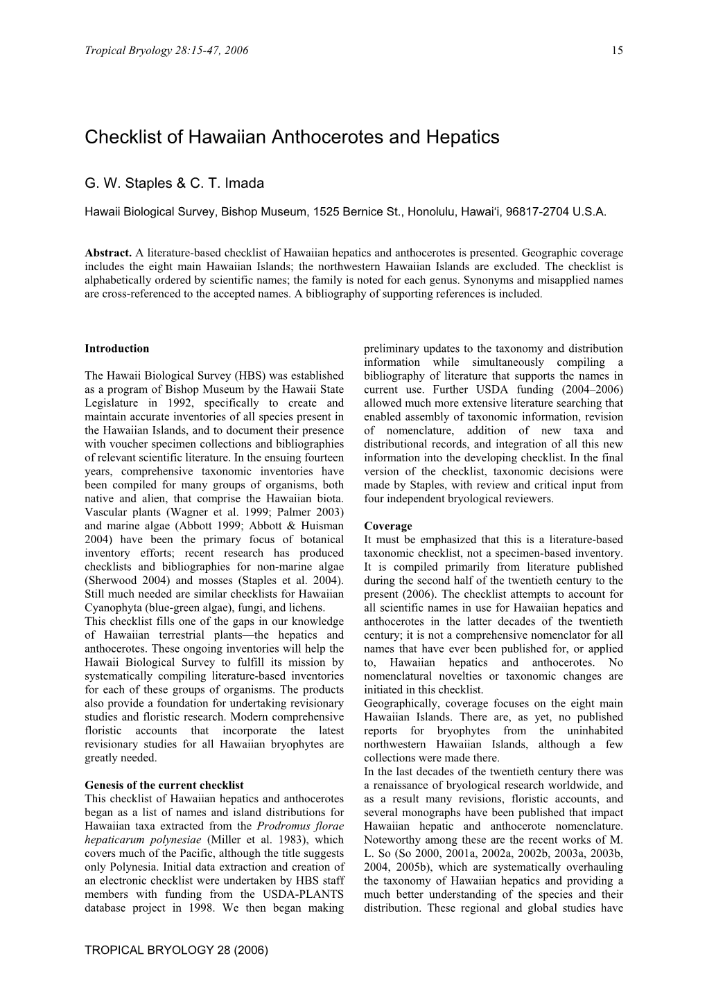 Checklists of Hawaiian Anthocerotes and Hepatics