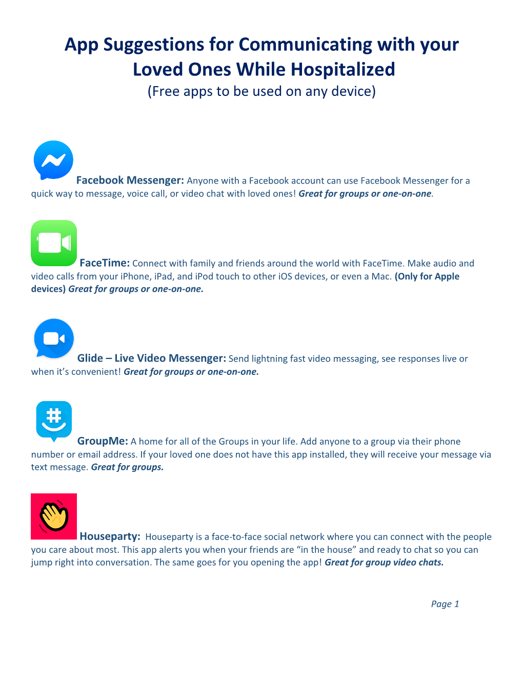 App Suggestions for Communicating with Your Loved Ones While Hospitalized (Free Apps to Be Used on Any Device)