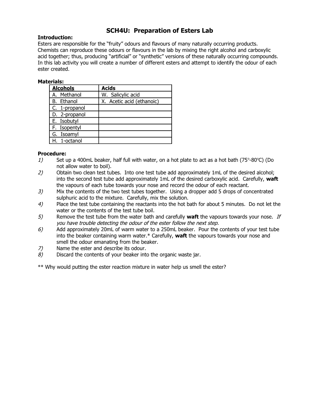 SCH4U: Preparation of Esters Lab