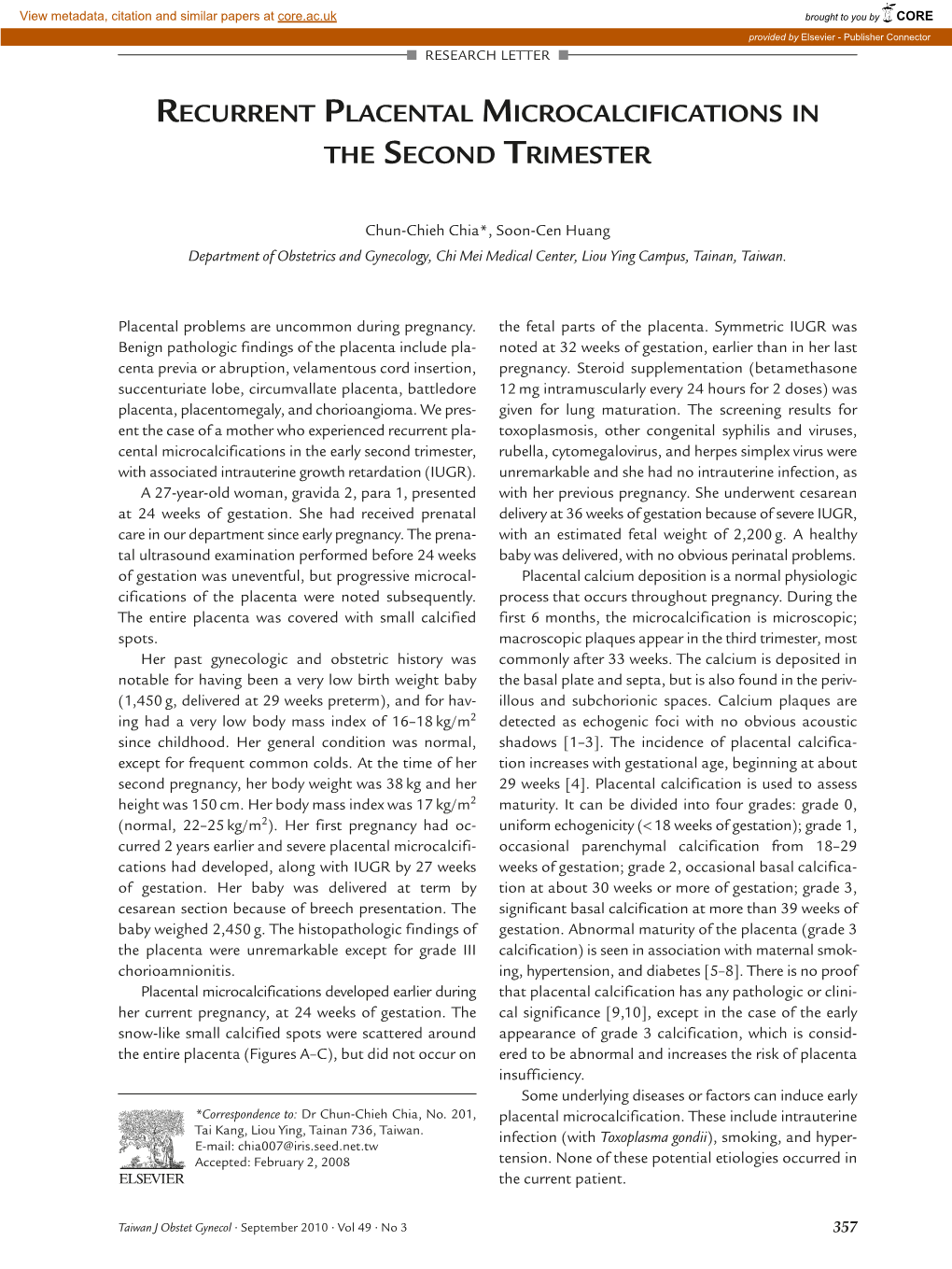 Recurrent Placental Microcalcifications in the Second Trimester