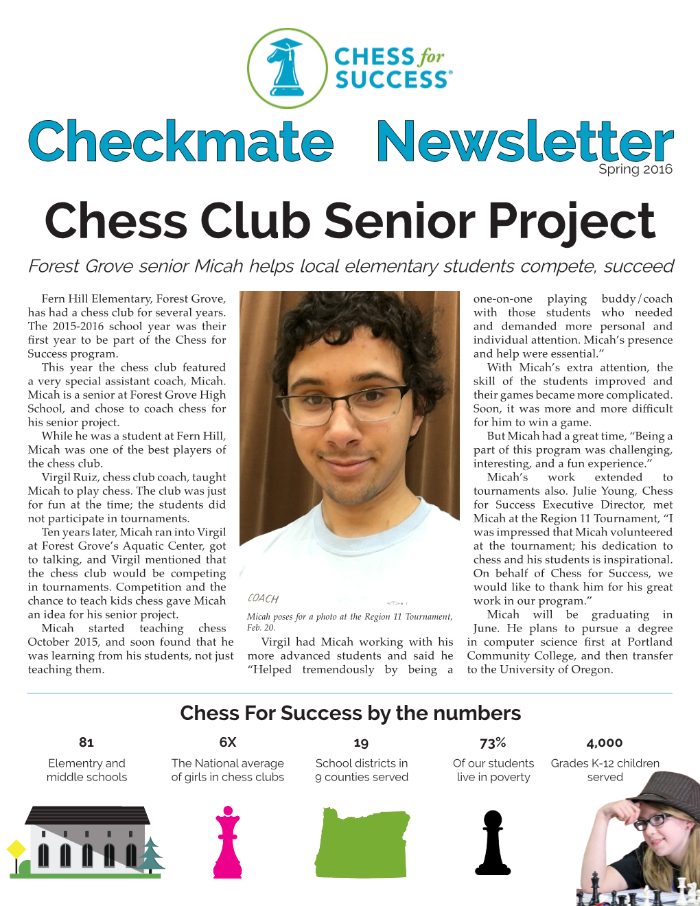 Checkmate Newsletter Spring 2016 Chess Club Senior Project Forest Grove Senior Micah Helps Local Elementary Students Compete, Succeed