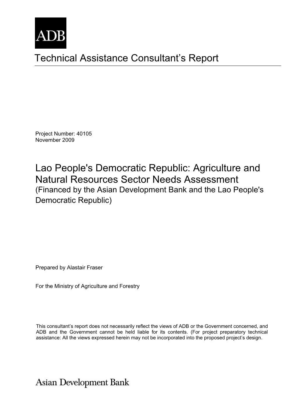 Agriculture and Natural Resources Sector Needs Assessment (Financed by the Asian Development Bank and the Lao People's Democratic Republic)