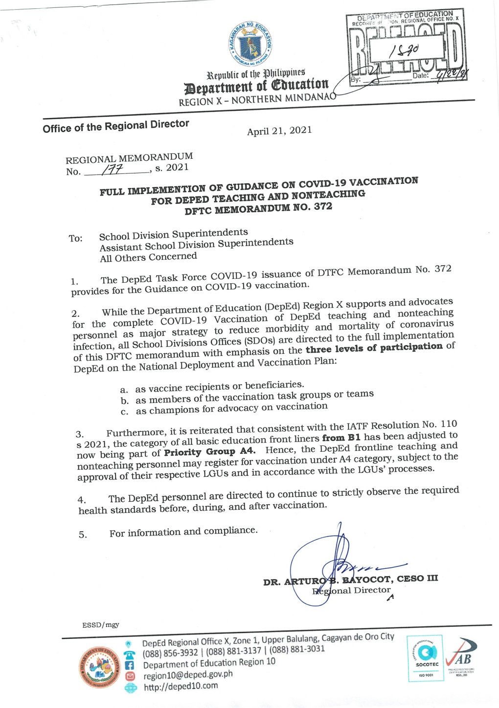 RM 177 Full Implementation of Guidance on COVID-19 Vaccination for Deped Teaching and Non-Teaching DFTC Memorandum No. 372.Pdf