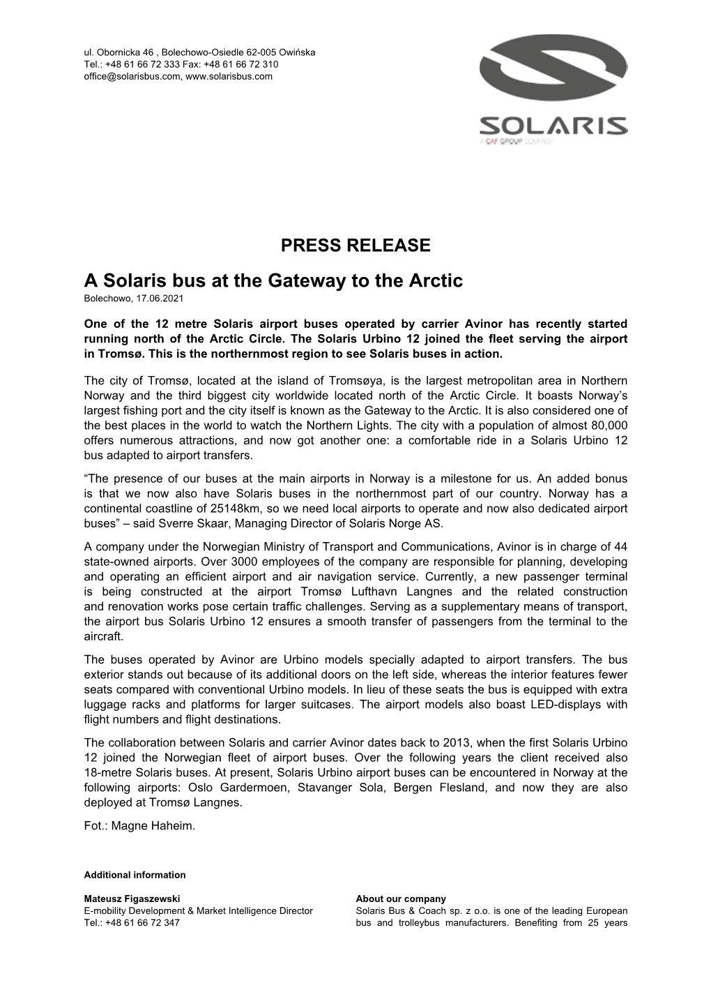 PRESS RELEASE a Solaris Bus at the Gateway to the Arctic