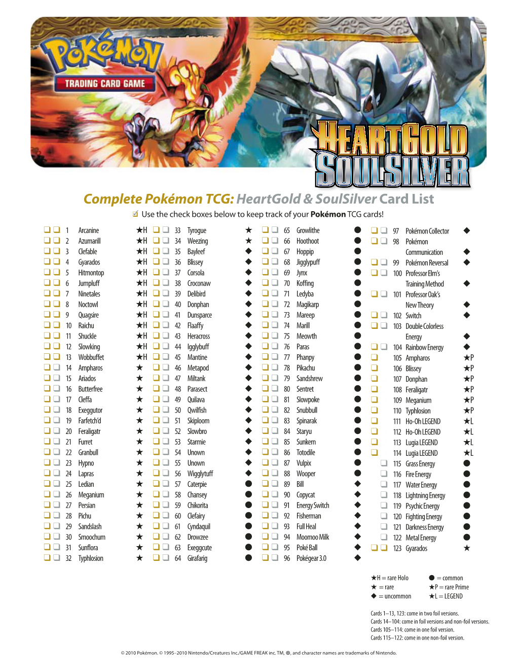Complete Pokémon TCG:Heartgold & Soulsilver Card List