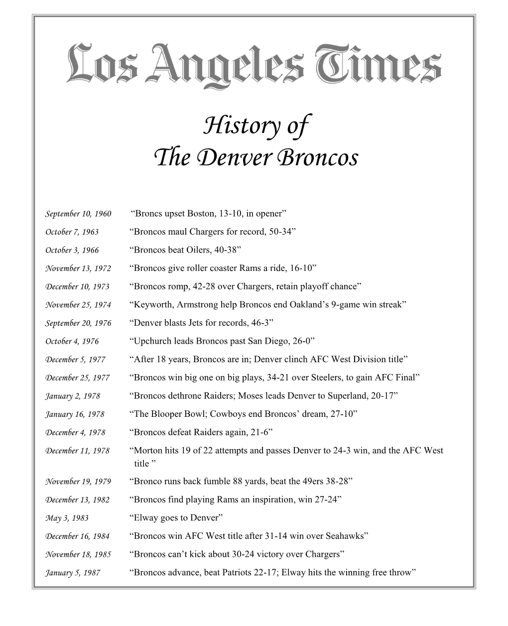 History of the Denver Broncos September 10, 1960
