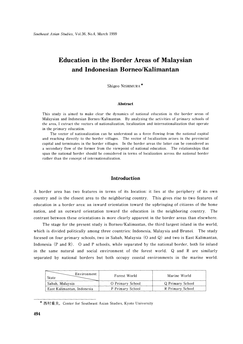 Education in the Border Areas of Malaysian and Indonesian Borneo/Kalimantan