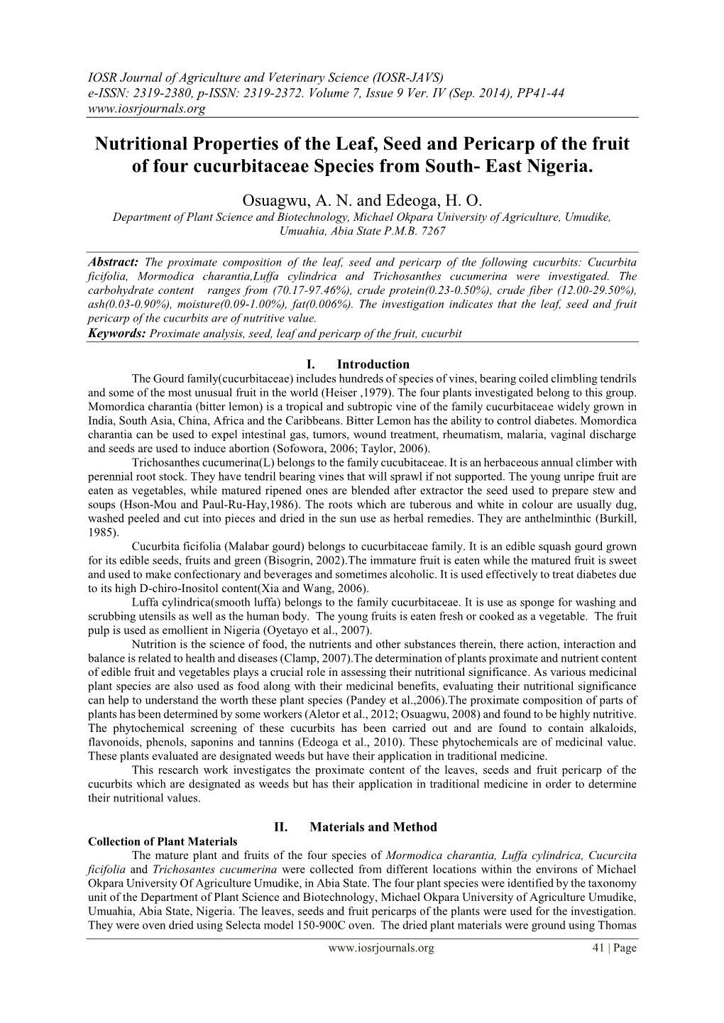Nutritional Properties of the Leaf, Seed and Pericarp of the Fruit of Four Cucurbitaceae Species from South- East Nigeria