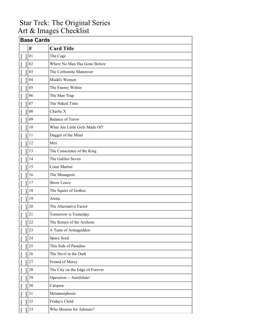 Star Trek: the Original Series Art & Images Checklist
