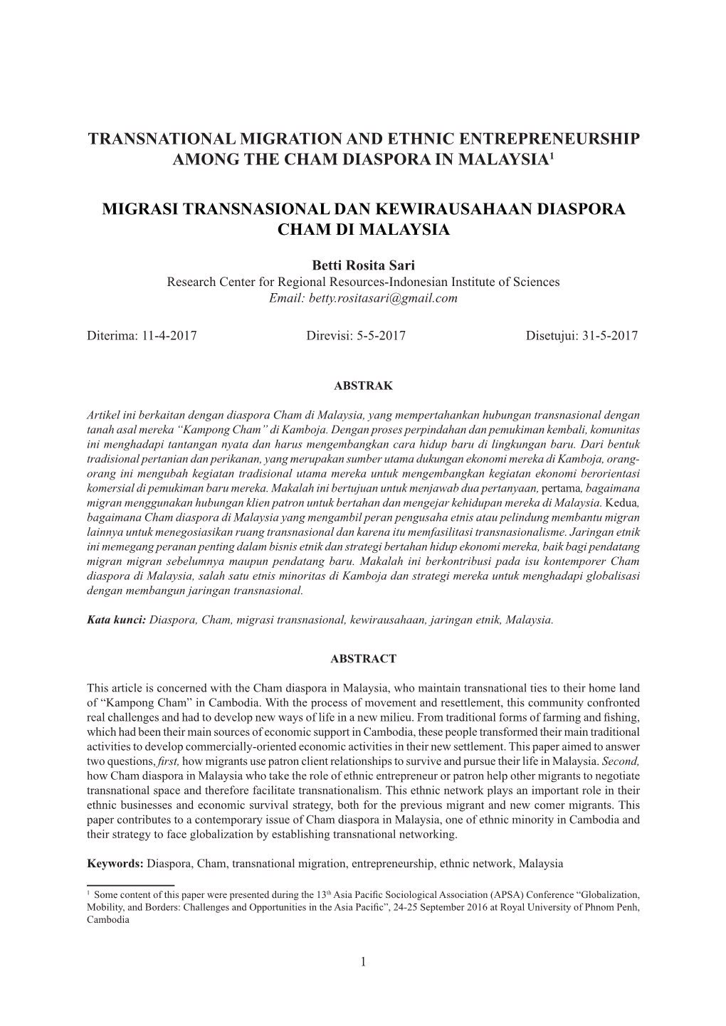 Transnational Migration and Ethnic Entrepreneurship Among the Cham Diaspora in Malaysia1