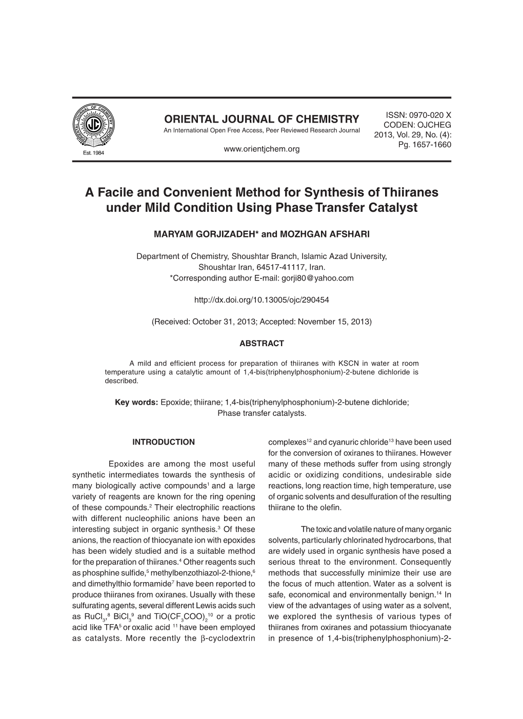 A Facile and Convenient Method for Synthesis of Thiiranes Under Mild Condition Using Phase Transfer Catalyst