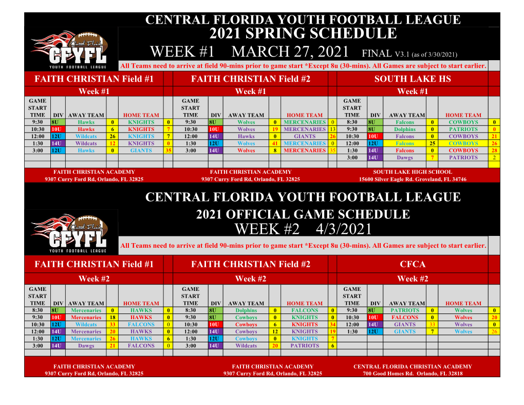 As of 3/30/2021) All Teams Need to Arrive at Field 90-Mins Prior to Game Start *Except 8U (30-Mins)